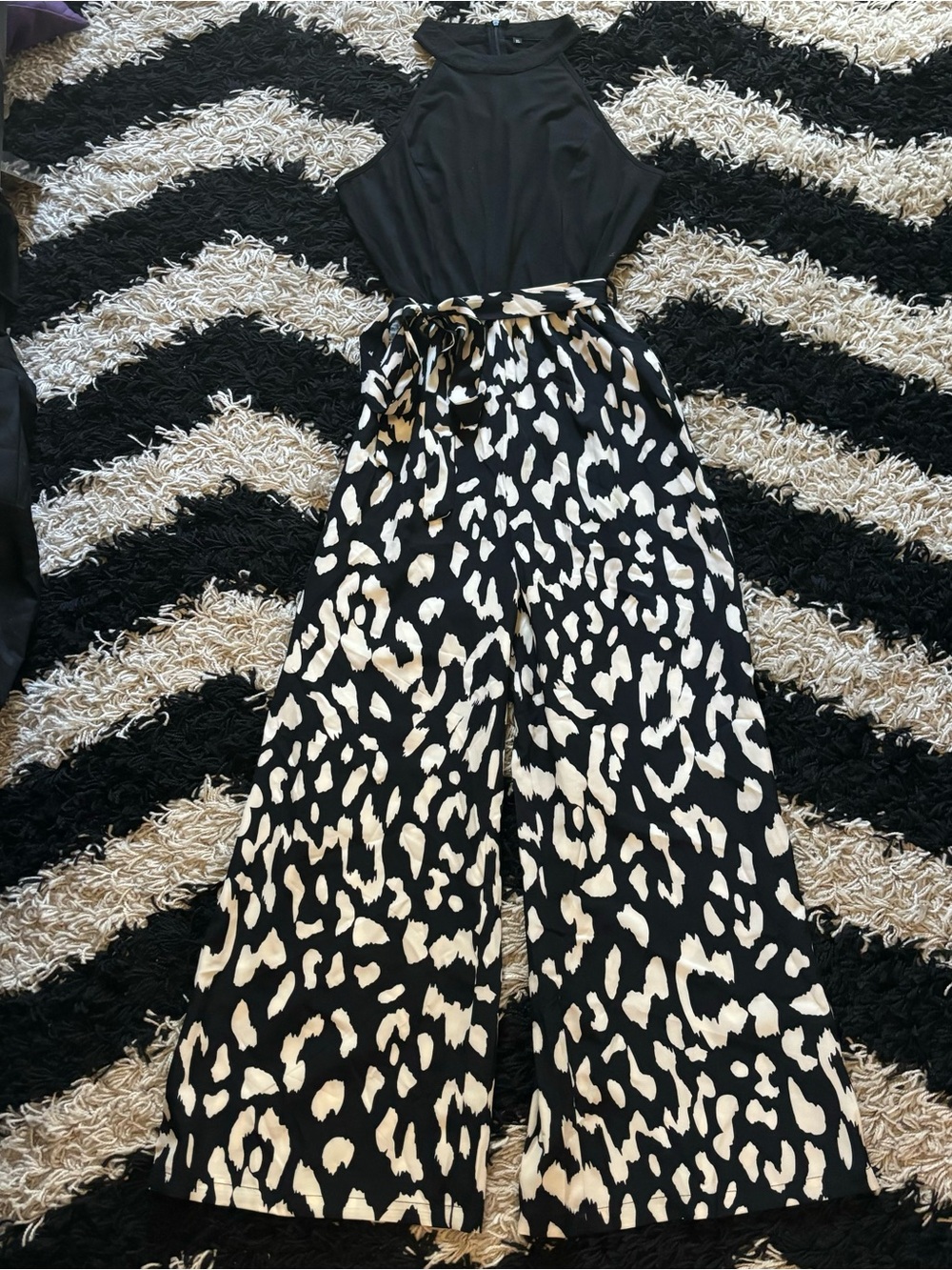 Formal Sleeveless Black White Abstract Animal Print Wide Leg Halter Jumpsuit